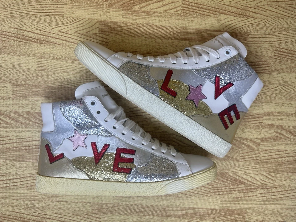 Zapatillas deportivas Saint Laurent Paris Love para mujer 8/38,5 Mid Top cuero blanco brillo Foto 4 de 4