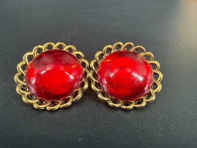 Vintage TARA Red Lucite Cabochon Clip Earrings Gold Tone 80s Glam