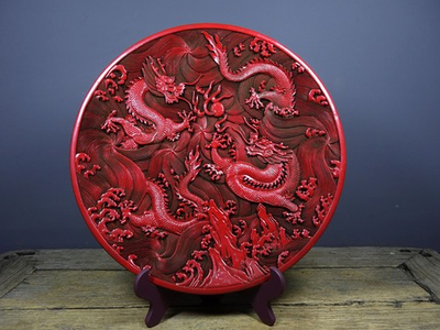 #ad Red carved plate of old lacquerware $320.00