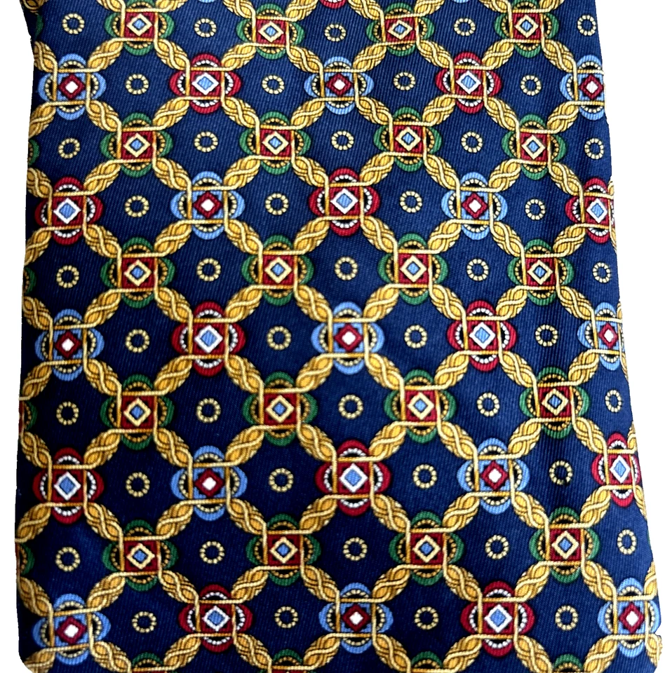 Corbata italiana de seda para hombre de hoy cuerdas doradas y cuadrados azules geométricos 59x3,5" Foto 4 de 4
