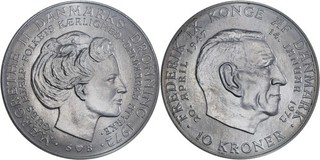 Denmark: 10 Kroner silver 1972 (Throne Accession) UNC