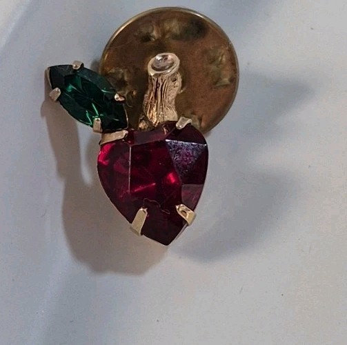 Vintage Red Apple Gold Tone Rhinestones Apple Pin Teacher Brooch View 2