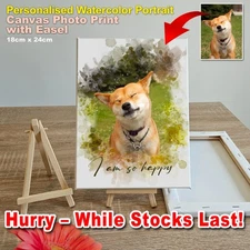 Custom Pet Portrait Canvas Print Watercolor Style Dog Cat Photo Gift with Easel