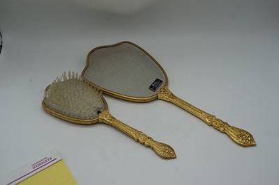Vintage Matson 24KT Gold Plated 2 Piece Vanity Set Hand Mirror & Hair Brush