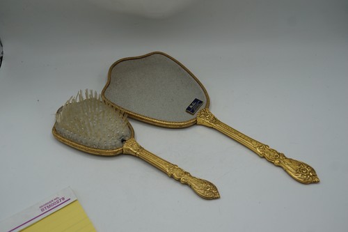 Vintage Matson 24KT Gold Plated 2 Piece Vanity Set Hand Mirror & Hair Brush