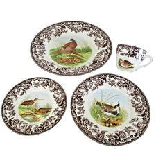 Spode Woodland Bird 4-pc place setting DINNER SALAD BREAD plates + Scalloped CUP