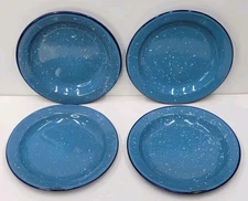 Metal Blue White Speckle Enamelware Dinner 10" Plates Rustic Camping Set Of 4