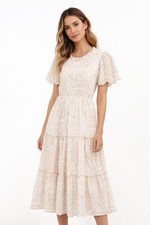 Hayden Los Angeles Eyelet Midi Dress M White Tan Tiered Ruffle Boho Cottagecore