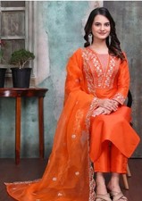 Women Orange Rayon Slub Embroidered Kurta Pant Dupatta Set A Line S-XXXL