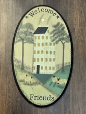 Rustic Americana WELCOME FRIENDS Wood Sign Sheep, Trees, House 11.75  x20  READ