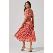 ASTR Floral Cutout Lace-up Midi Dress In Red Multi floral | Size M