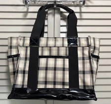 Koko Plaid Insulated Lunch Tote Bag Tan/Blk Pockets Cinch Close Extension