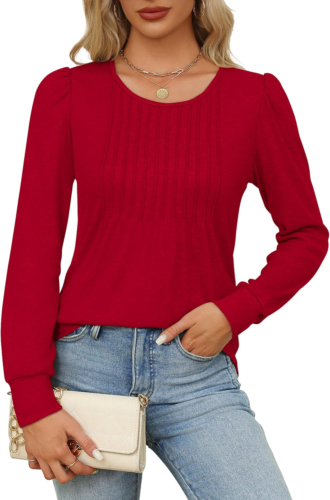 Long Sleeve Shirts for Women Fall Tops Dressy Casual Blouses Pleated Scooped Nec - Picture 2 of 12
