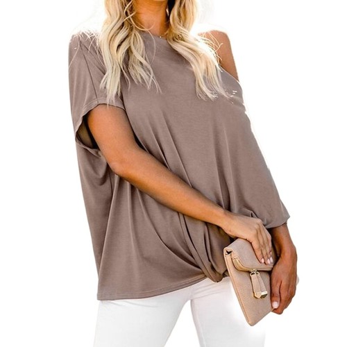 Fashionable Cold Shoulder T-Shirt for Women Short Dolman Sleeve Irregular Blouse - Picture 19 of 38