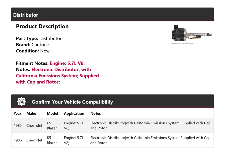 Chevrolet K5 Blazer 1985-1986 5,7 L V8 distribuidor cardone Foto 2 de 4