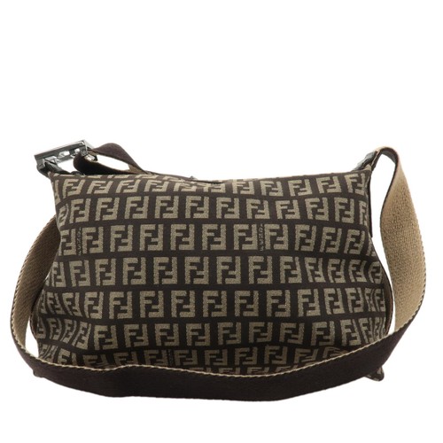 FENDI Zucchino Shoulder Bag Brown Canvas Leather Auth Used
