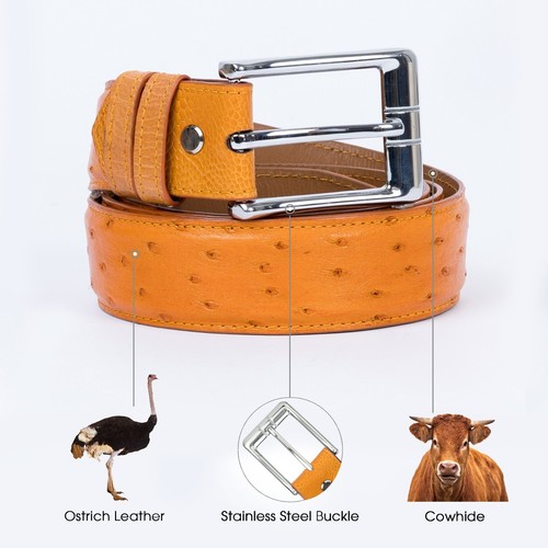 36in Custom Orange Ostrich Body Leather Dress Belt Stainless Steel Pin Buckle - Picture 2 of 13