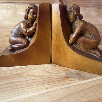 Book-Ends Wooden Handcarved Boy Sandvik 1kg Serré Livres Vintage En Bois