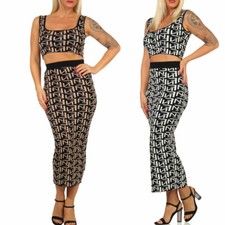 Damen Strick Cropped Top bauchfrei + High-Waist Midirock Strickkleid Set S M L