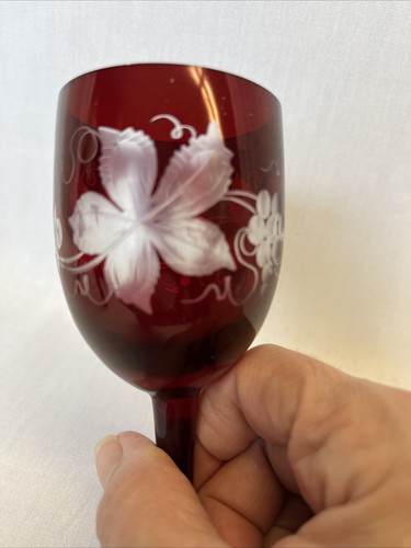 Vintage Engermann Bohemian Fine Crystal Cordial Glass Ruby Red Etched Grapes - Picture 7 of 13