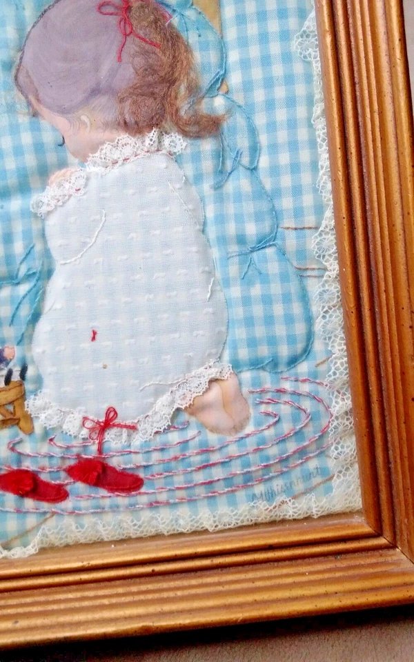 Vtg Framed Embroidered Stitch Raggedy Ann & Little Girl Praying Signed 10"×8.5" - Image 3 of 4