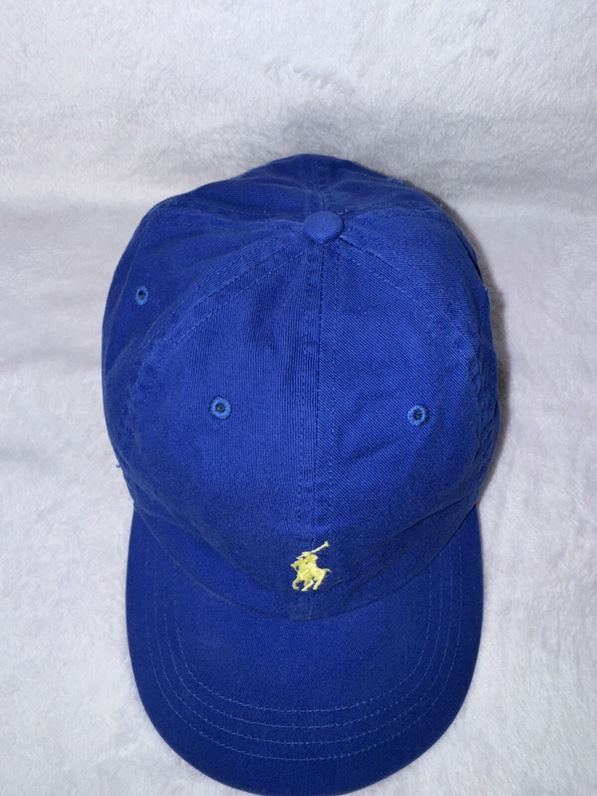 Cappello vintage Polo Ralph Lauren berretto pelle cinturino schiena cotone papà blu giallo pony