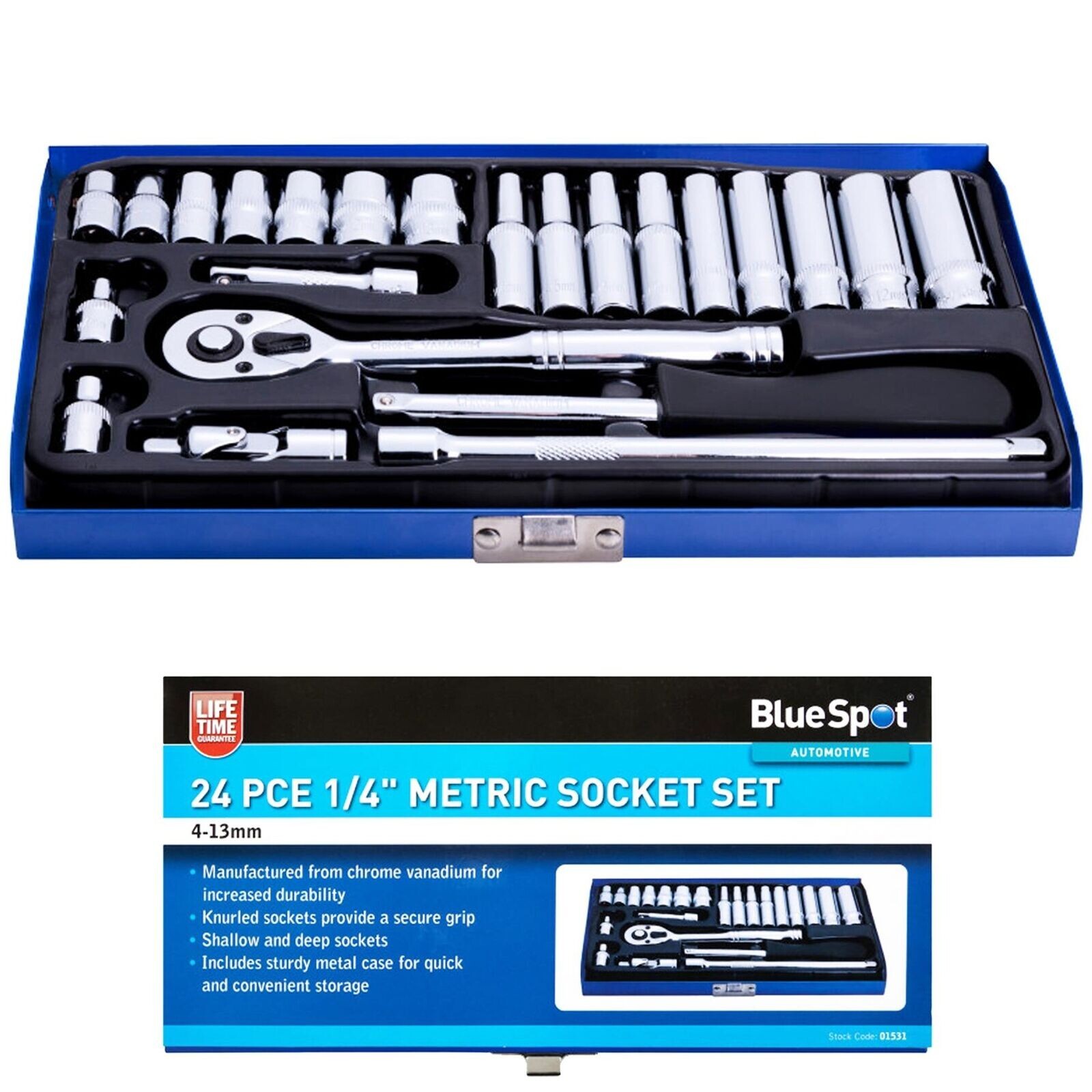 Bluespot 24 pc 4mm - 13mm Metric Standard & Deep Socket Set 1/4"" Drive Ratchet