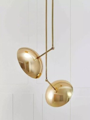 Modern Brass 2 Light Disk Pendant Chandelier Mid Century Style Shade Pendant