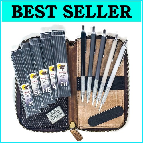 Premium Metal Mechanical Pencils Set with Leather Case for Artists & Designers