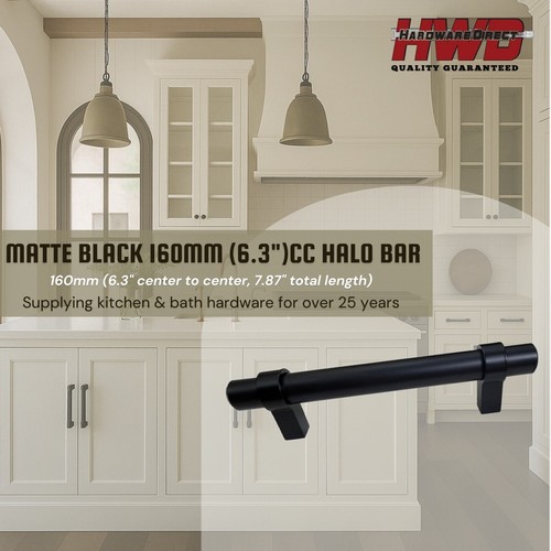 Matte Black Cabinet Handle *Halo Bar* Mod Kitchen Bath Pull Knob 160mm, 6.3"cc*
