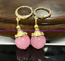 Beautiful Natural 12mm pink jade Round Gemstone Dangle Gold plated Earrings AAA