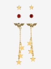 DC Comics Wonder Woman Star Dangle Faux Gem WW logo 3 earrings set Licensed NWT