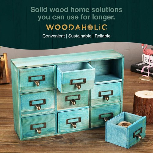 Teal Wooden Drawer Organizer for Desktop - Vintage Apothecary Cabinet w/ 9 Drawe - Picture 6 of 8