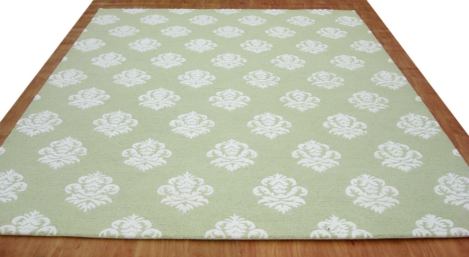 Alfombra alfombra Damasco Verde Blanco Moderna Lazo Hecha a Mano 100% Lana. Foto 3 de 4