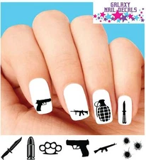 Waterslide Nail Decals - Set of 20 Weapons Gun Knife Bullet Grenade Assorted