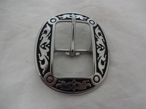 Jeremiah Watt Oval Belt Buckle 1 1/4" Western Stainless Steel Floral Black Horse - Picture 2 of 3