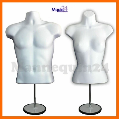 DISPLAYTOWN TORSO DRESS BODY FORM MANNEQUIN SET MALE & FEMALE + 2 METAL STANDS + 2 HANGERS
