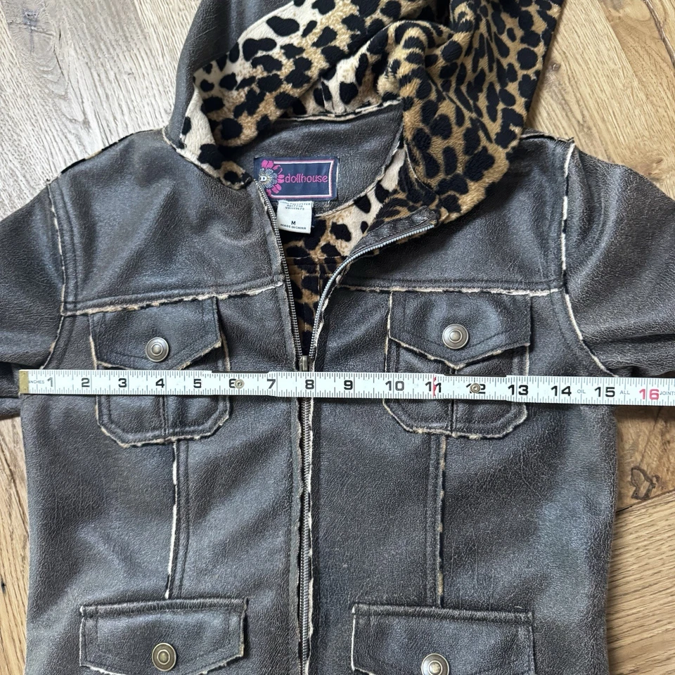 Кукольный домик девочек искусственной кожи куртка Sz M состаренный коричневый леопард с подкладкой капюшон - Изображение 4 из 4