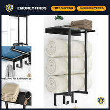 Wall-Mounted Towel Rack for Bathroom, Black Small Towel Holder with Hooks