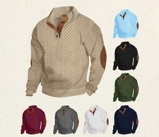 Mens Corduroy Jumper Pullover Ribbed Stand Collar Sweater Elbow Patch UK