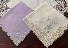 2 Antique Embroidery, Lace Handkerchief Hanky, Wedding, Bridal, Bride, Trousseau
