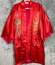 Vintage 100 Silk Lucky Dragon Phoenix Embroidered Kimono House Robe Medium Red