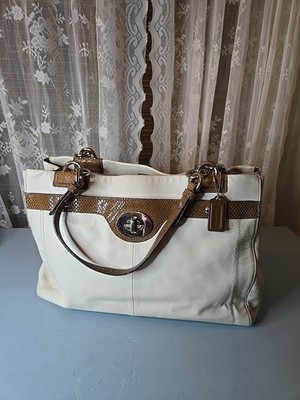 Vintage Coach White Leather, Snake Skin Turn Lock Tote, Silver 2011 S1