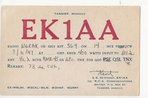1947  EK1AA  Tangier Morocco (deleted)  QSL radio postcard