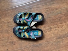 Costal Women  s Slide Sandals Leather Floral Embroidered Beaded Blue 11