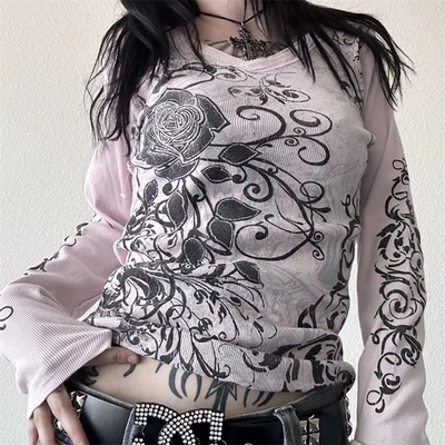 #ad Y2K Gothic Rose Graphic Long Sleeve Top Women Grunge Streetwear Tee $26.99