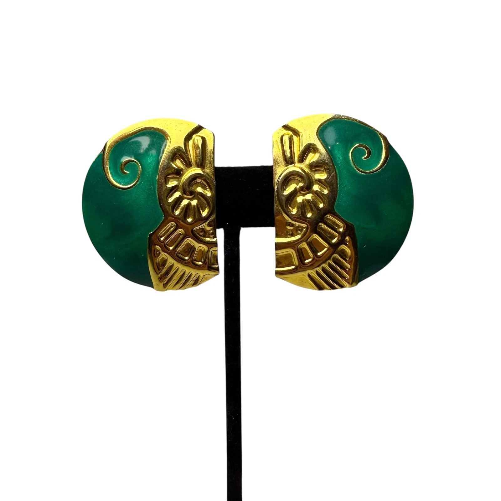EDGAR BEREBI Green & Gold Swirl Enamel Gold Tone Vintage Earring Jewelry E48