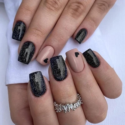 Lot de 24 faux ongles à presser en acrylique noir brillant à paillettes Faux... - Photo 1/4