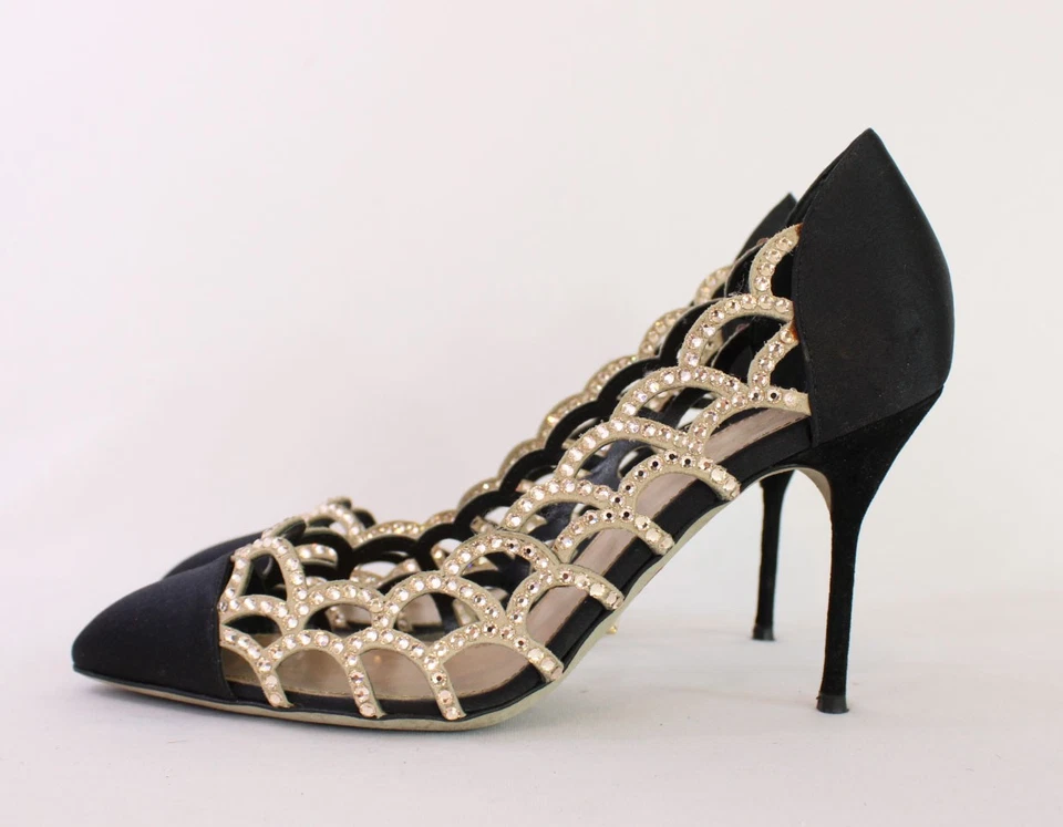 Zapato de tacón Sergio Rossi negro beige satinado gamuza cristal 38 8 Foto 3 de 4