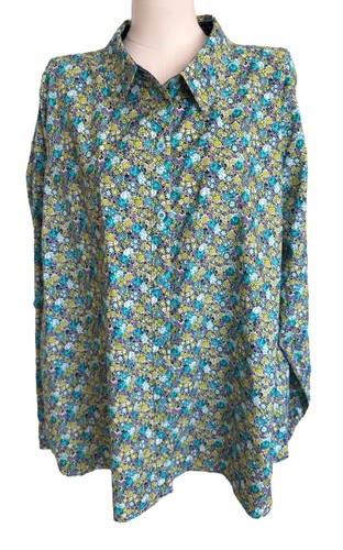 Caribbean Joe Floral Collared Long Roll Tab Sleeve Button Up Shirt Women 3X